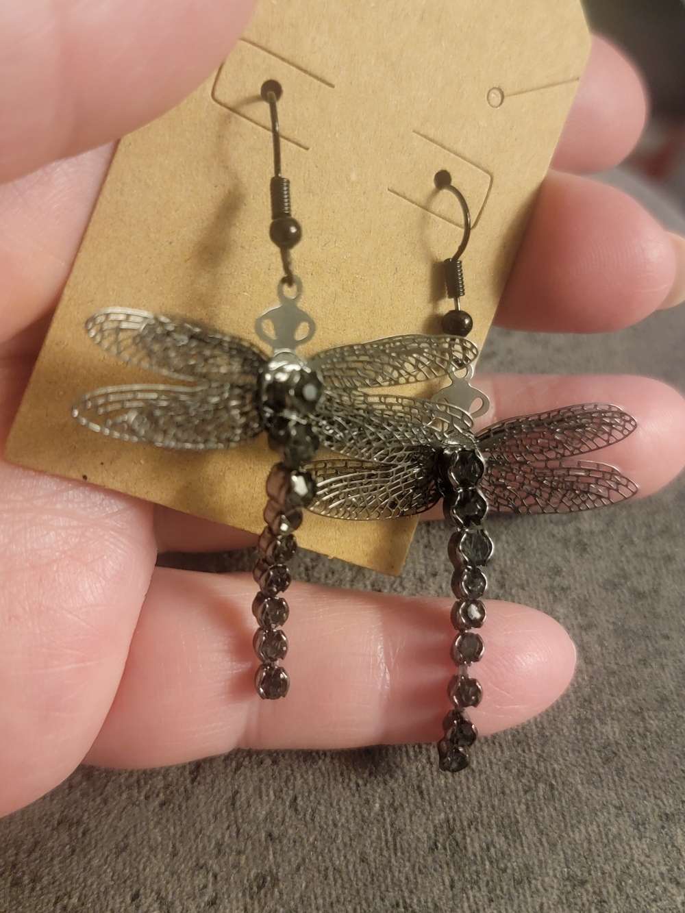 Handcrafted Antique Silver Dragonfly Dangle Earrings - Picture 3 of 4